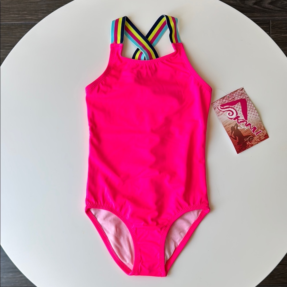 Kanu Surf Bright Pink Swimsuit with Striped Straps 2T - Picture 1 of 7